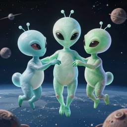 three aliens in [ floating in space ]!! [ dancing romantically ]!!, trending on cgsociety, photorealistic, sharp, intricate, detailed, contest winner, award winning!!, sci - fi art style, cyberpunk atmosphere, bioluminescent atmosphere