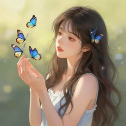 a beautiful young lady holding a bunch of butterflies, digital art by wlop, deviantart contest winner, fantasy art, digital illustration, digital painting, photoillustration