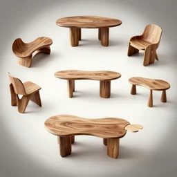 furniture design, organic shapes, wooden, furniture design sheet, Greg Rutkowski, Zabrocki, Karlkka, Jayison Devadas, Phuoc Quan, trending on Artstation, 8K, ultra wide angle, zenith view, pincushion lens effect