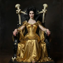 perfectly centered portrait of attractive vampire queen in gold gothic robe sitting on a throne of black bones, painting by gaston bussiere, craig mullins, j. c. leyendecker, 8 k, mid shot