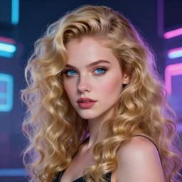 a beautiful 2 0 years old woman with long curly blonde hair, with blue eyes, in a cyberpunk setting, neon lighting on her face, artstation, elegant, highly detailed, digital painting, concept art, smooth, sharp focus, illustration, art by don bluth and michel ocelot and makoto shinkai and tom whalen and atey ghailan and akihiko yoshida