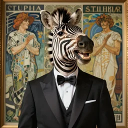 happy laughing handsome zebra in a black suit portrait by louis - theophile hingre and alphonse mucha and stubbs, realistic, sharp focus, art nouveau, smart, wisdom, power, victorious