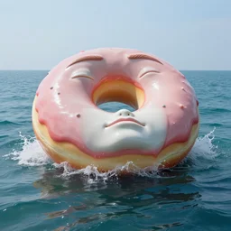 a massive porcelain sculpture of a squashed human face that looks like a giant donut in a giant pool of jelly on the ocean water, in the style of johnson tsang, funny sculpture, lucid dream series, cinematic, hyper - realistic, very detailed, realistic water splashes, ray tracing, 8 k resolution, long - shot, sharp focus, low angle, 8 5 mm photograph, wide lens