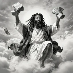 cheef keef ascending into heaven holding stacks of cash, biblical image, style of gustave dore, highly detailed, beautiful, high contrast, black and white