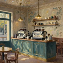 coffee shop interior, intricate oil painting by greg rutkowski, trending on artstation