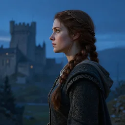 portrait of a commoner, cloth, blue hour, solemn, dungeons and dragons character, dramatic lighting, female, brown hair, celtic braid, looking at castle background, gorgeous view, realistic, high detail, digital art, painted by greg rutkowski, painted by jeremy mann, painted by alphonse mucha, trending on artstation