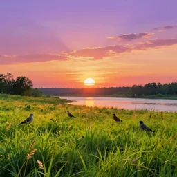 a beautiful grassy meadow at sunset, birds, lake, by anton fadeev, digital art, concept art, vibrant, colorful, trending on artstation