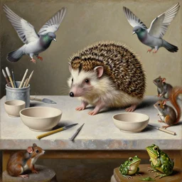 painting of a hedgehog on a table in a ceramic workshop, surrounded by ceramicists tools and unfinished bowls, surrounded by pigeons and rats and squirrels and frogs, oil painting, northern renaissance art, oil on canvas, wet - on - wet technique, realistic, intricate textures, illusionistic detail