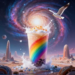 Behold - rainbow boba, And the flung spray and the blown spume and the seagulls crying!!!!, An Odyssey Beyond Reality, cinematic, hyper realism, high detail, octane render, unreal engine, 8k, vibrant color, from the spirals of galaxies to the hexagonal shapes of snow crystals!!, a desolate alien world full of rich colors!!!, unique architecture!, by andrea chiampo and chet zar