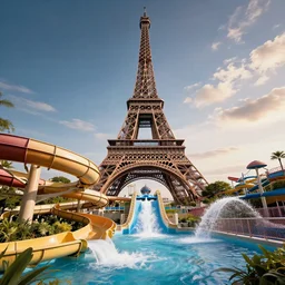 paris eiffel tower waterpark with water slides, digital art, epic composition, highly detailed, cinematic lighting