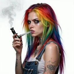 attractive grungy woman with rainbow hair, drunk, angry, soft eyes and narrow chin, dainty figure, long hair straight down, torn overalls, basic white background, side boob, tattooed, piercing, smokes bong, blows smoke, wet shirt, wet, raining, highly detailed face, realistic face, beautiful detailed eyes, fantasy art, in the style of greg rutkowski, illustration, epic, fantasy, intricate, hyper detailed, artstation, concept art, smooth, sharp focus, ray tracing, vibrant,