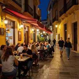 a busy side street in valencia, people outside eating meals, taverns nighttime lifestyle, photorealistic