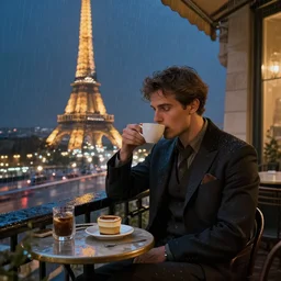 elegant man drinking coffee at balcony in france, city with big eiffel tower seen behind, late night raining, highly detailed characters, by greg rutkowski, alphonse mucha, beeple, sharp focus, digital art, smooth, light refraction, pixiv art, volumetric lighting