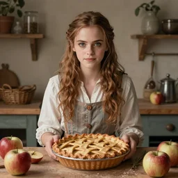 romanticism painting of ( ( emma watson ) ) in a rustic style kitchen, baking apple pie, symmetrical face, beautiful eyes, cottagecore, artstation, 8 k, highly detailed