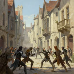 an exciting fantasy street battle within a fascinating old city, narrow streets, old buildings, by Sylvain Sarrailh,  cinematic, simple but effective composition, clean lines, beautiful digital painting, oil painting,   dungeons and dragons, lord of the rings