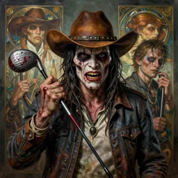 portrait painting tallahassee from zombieland with a cowboy hat and bloody golf club, ultra realistic, concept art, intricate details, eerie, highly detailed, photorealistic, octane render, 8 k, unreal engine. art by artgerm and greg rutkowski and alphonse mucha
