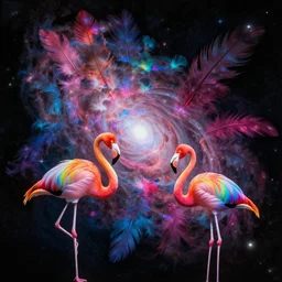 rainbow colored flamingos, multicolored feathers, space travel, digital art, hubble, nasa