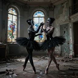 a pair of horror zombie ballerina's in black latex tutu dancing swanlake in a rundown, moldy and dirty theater. light is coming in via stained windows, henri cartier besson
