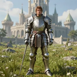 detailed man wearing armor standing in a grass field with a massive kingdom in the background, unreal engine 5 rendered, incredibly highly detailed and realistic, 8 k, sharp focus, studio quality