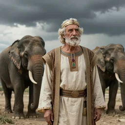 cinematic film still of 80 year old Mediterranean skinned man in ancient Canaanite clothing stands next to a pair of elephants. Storm clouds. directed by Steven Spielberg