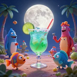 fish enjoying a margarita during full moon with his worst enemies, colorful, contrast, 3 d scene, greg rutkowski, zabrocki, karlkka, jayison devadas, trending on artstation, 8 k, ultra wide angle, zenith view, pincushion lens effect