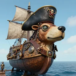animal figurehead of a steampunk pirate airship, action photography, wide angle lens, 15mm