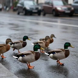 ducks crossing the street on a rainy day, dslr photo, f3.5