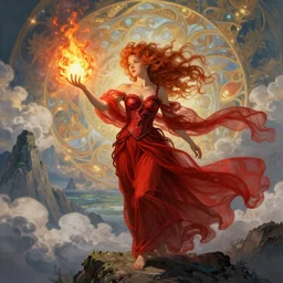 a mage casting a fireball, ginger afro with freckles inspired by annie, face like sophie turner, wearing red dragon corset and long flowing sheer red robes blowing in the wind inspired by alphonse mucha, standing on top of a mountain, epic clouds and godlike lighting, intricate illustration and highly detailed digital painting. concept art by artgerm and larry elmore.
