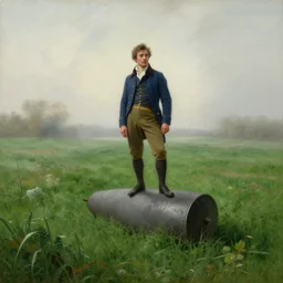 painting by caspar david friedrich of a french russian green steppe with a young, foolish french gentleman in riding trousers and a blue jacket standing on a landmine!!!!!! lush green field! lonely! foggy!!!