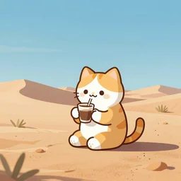 space cat having a coffee in the middle of the desert, digital art