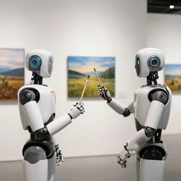 robots holding paintbrushes against photos of landscapes in a gallery