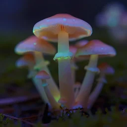 a macro shot of bioluminescent mushrooms, dof, 4k, bokeh, acid pixie acid pixie