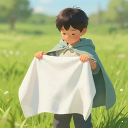 kid with tablecloth for cape with hands on shanches in grass field, sunny day, hyperdetailed, artstation, cgsociety, 8 k
