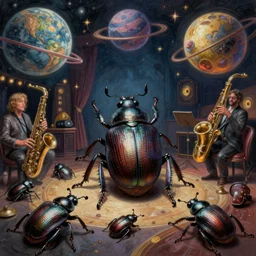 Alien beetle bugs from another planet visit a jazz nightclub in Harlem, an epic painting, volumetric lighting, intricate, elegant, highly detailed, digital painting, artstation, concept art, smooth, sharp focus, art by Maciej Kuciara