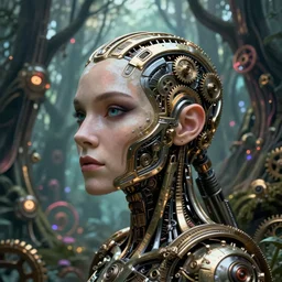 35mm portrait of a sophisticated intricate terminator woman's head on the background of a weird magical mechanical forest. Round gears visible inside her hear. Very detailed 8k. Fantasy cyberpunk horror. Sharp.