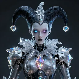 front shot of a court jester character, holographic crystals, bionic futurism, robotic cyborg, 8 5 mm f 1. 8, ominous elegant detailed concept artstation sharp focus ray tracing cinematic masterpiece fine portrait, by artgerm greg rutkowski tooth wu beeple