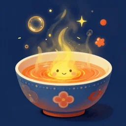 boiling imagination in a bowl, super cute, ultra detailed, digital painting, dark blue, yellow, orange, red