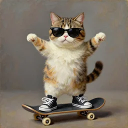 cute and funny, a cat standing on its back legs, wearing high top sneakers and sunglasses, riding a skateboard, oil painting by caravaggio