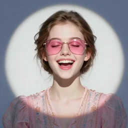 portrait of a beautiful girl, happy, eyes closed, open mouth, shades of pink, beautiful face, rule of thirds, intricate outfit, spotlight, by greg rutkowski, by jeremy mann, by francoise nielly, by van gogh, digital painting