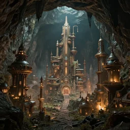 a fantasy steampunk city hidden inside a cave, with no text, deep colour\'s, realistic, hyperrealistic, concept art, stylized, unreal engine 5, trending on art station, W 1024
