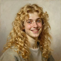 Painting of danilo kovalev with long fluffy curly blond hair. beautiful long golden blonde hair. Young. Smiling. Happy. Cheerful. Art by william adolphe bouguereau. Very very very very very very very very very very very very much detailed. Beautiful. 4K. Award winning.