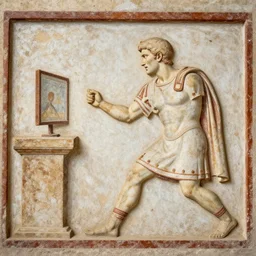 Caesar furiously playing a video game. Roman mural art