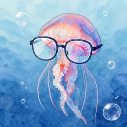 a jellyfish wearing glasses, glasses frames, artstation, water bubbles, watercolor
