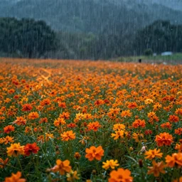 a beautiful flower field made of fire in rain, professional photography
