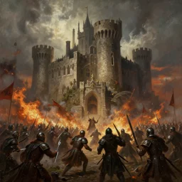 painting of a castle being attacked by the armies of hell, full view, popular on artstation, artstationhd, artstationhq 8 k, volumetric lighting, super focused, no blur, trending on artstation, ultra detailed, by artgerm and james gurney, greg rutkowski, 1 5 8 0 art