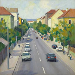 an edward hopper style painting of a busy road of ( ( ( ( ( ( ( ( gyor ) ) ) ) ) ) ) ) in hungary, early - summer, june of 1 9 4 8