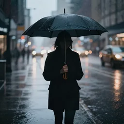 a shadow figure holding an unbrella in new york, rainy, moody, 5 0 mm