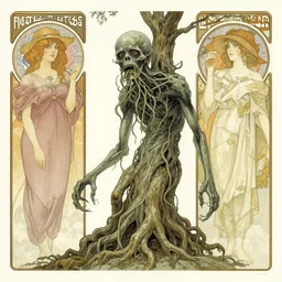 creepy tree mutant with vines in its mouth, giovanni battista piranesi, moebius, alphonse mucha, yoshitaka amano, ultra - detailed