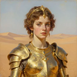 close up of a young dejah thoris on mars wearing detailed plate armor made of gold, portrait, high noon, gold jewelry, elegant small tiara, giant sand dunes to the horizon, fantasy, painterly, oil painting on canvas, by sargent, alphonse mucha