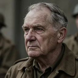 poignant portrait of a ww 2 veteran looking to the side remembering their youth, the years weigh heavily in their eyes, nostalgia, melancholy, hyperrealistic